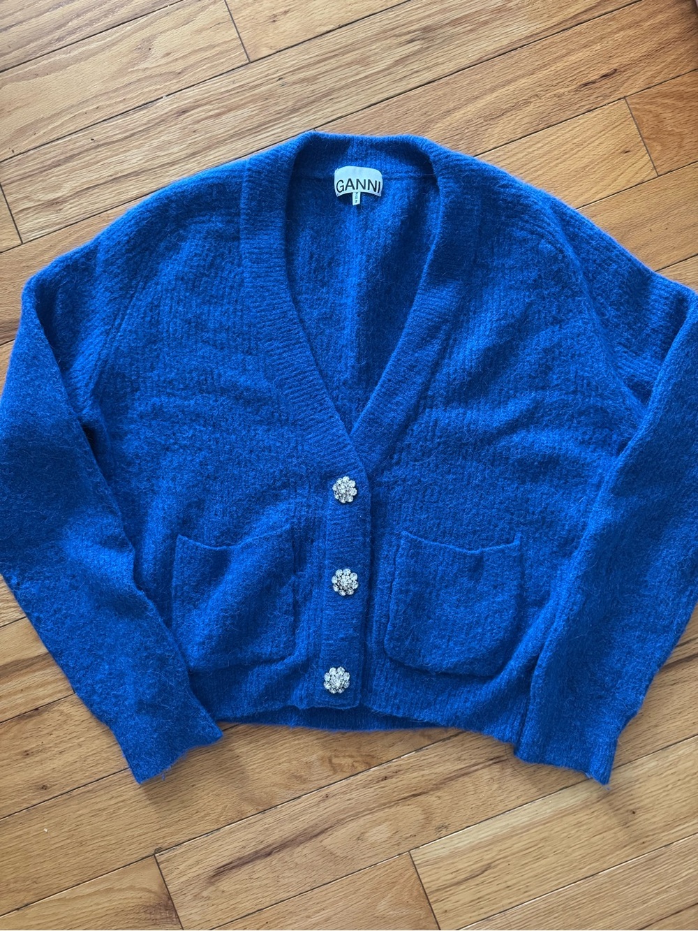 Ganni Royal Blue Cropped Cardigan with Jewel Buttons